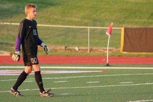 Sophomore Andrew Engelmeyer walks forward, out of the goal, as the longhorns defeat Rolla 3 to 1