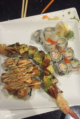 Plate of California roll, M&B II, and Wasabi Special.