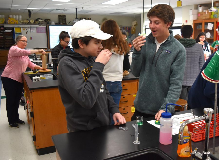 Examining capsules to observe if their DNA was synthesized, sophomores Jameson Mullaney and Alex Spangler react to their results. Honors biology students combined their saliva with dish soap in order to extract their DNA. “We kind of messed up our experiment; we accidentally put too much soap, so it didn’t really work,” Spangler said. “We were kind of upset with ourselves, but were able to laugh it off. It was a really fun experiment.”