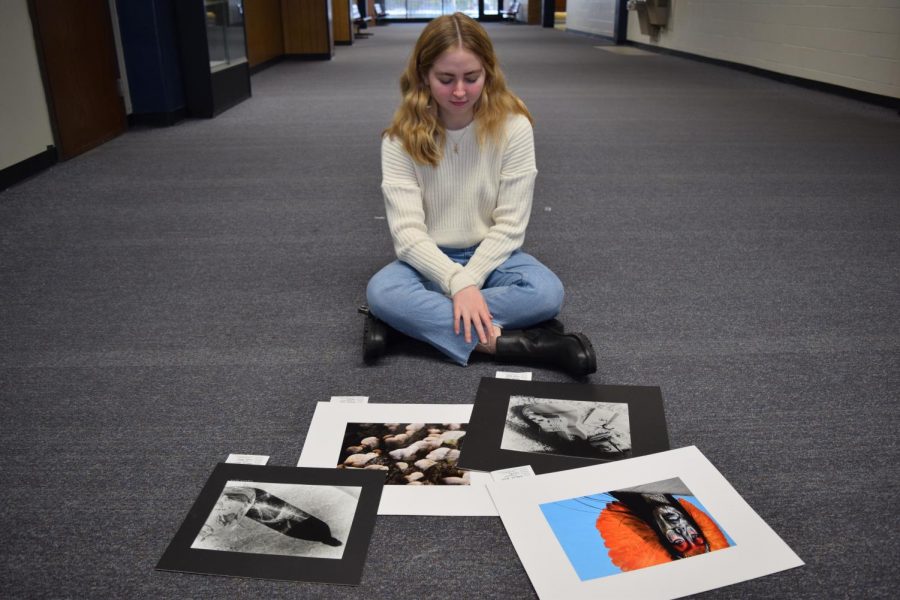 Senior Sabrina Bohn looks over four out of six projects she shot during a semester of Photo I. As a writer of the Pathfinder staff for four years, Bohn decided to explore the photography aspect of journalism. “I love art [and] journalism, and photography has a part in both of those, so it made sense to take Photo to learn more,” Bohn said. “It was really confusing and a little bit hard, but in the end it worked out. It’s definitely still not my strong suit, but I know better what makes a good professional photo and how to take that.”