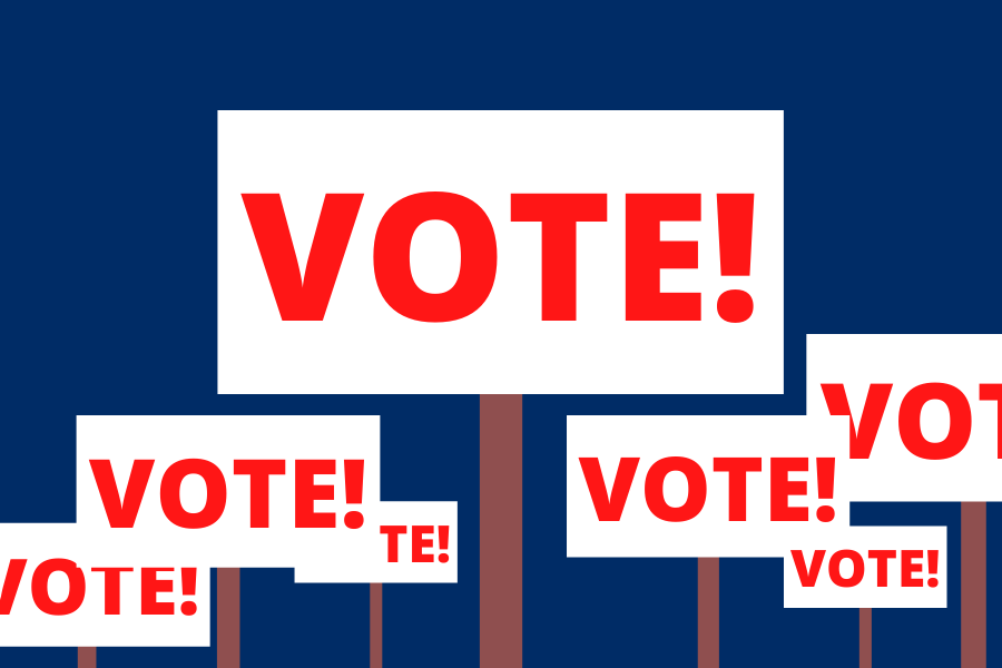 Signs proclaiming “VOTE!” are illustrated against a blue background, a call to action heading towards the Missouri primary election Tuesday, March 10. 