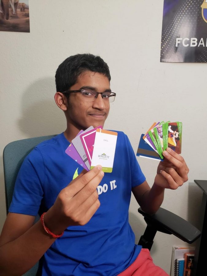 Freshman Santosh Sahoo fans out his five year hotel key card collection. Sahoo refers to them as pearls of memories stashed in his tool box. As I gaze through the cards, memories come back and catch me staring,” Sahoo said.