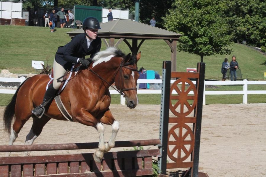 Gliding over a fence, freshman Lily West and an American Quarter horse named Scotchie, compete at the September show for the Ridgefield series. “My favorite thing about riding is having the fun opportunities [such as] trail rides, riding at different barns and working with different animals,” West said. “It can be very rewarding.”