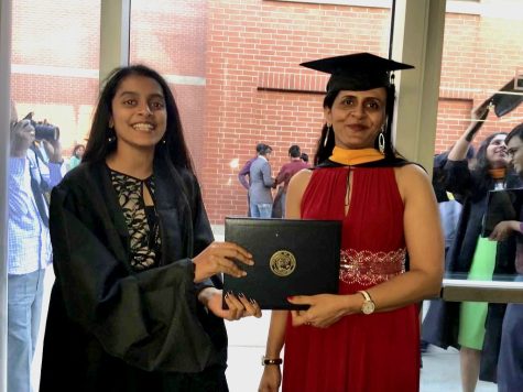 Senior Sahana Gujja and her mom proudly hold up a diploma at her mother’s graduation. Gujja’s mom graduated from the University of Illinois Springfield under a student visa, where she completed her second master’s degree. “I remember feeling excited and happy for her when they called her name, and she walked up towards the stage,” Gujja said. “I saw her study hard for the past two years before that while taking care of me simultaneously, and I was just really proud that she was a good mother. She is a great mother, and she accomplished everything she hoped for at the same time.”