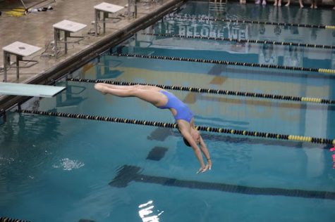 Arms reaching out, sophomore Emma Nunnelee plunges into the pool. During the meet Jan. 20, the dive team lost to Lafayette 88-98.  “Weve done well, [but] it hasnt been easy. I feel  we could do a lot better if we had better conditions,” Nunnelee said.