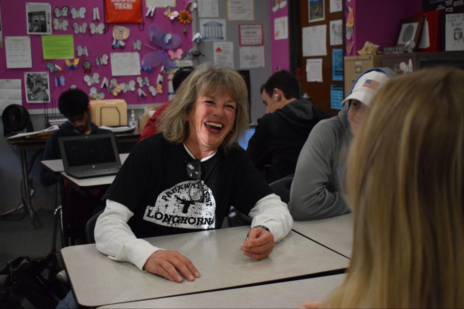 English teacher Angela Frye interacts with students. Frye discussed how movies could inspire students stories and related it to their current assignment in English 3 about categorizing types of people. “I always try to find ways to make school fun, and I want kids to enjoy my class,” Frye said.