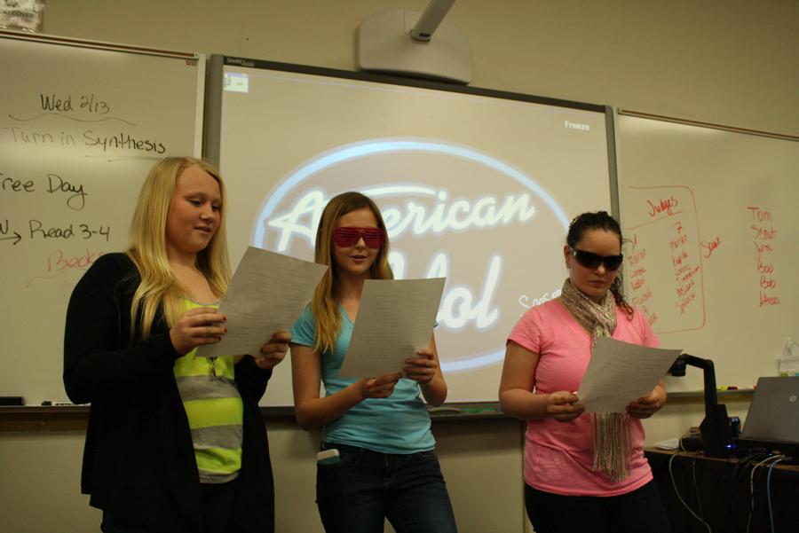 During seventh hour English I, freshmen Molly Sewester, Kendall Welch and Brigit Hennessey perform Not Gulty and I Know It.
