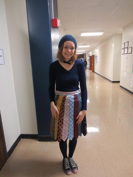 Senior Jasmine Krueger makes and designs most of her clothes. This is a skirt she made out of ties. I love this skirt because no one else has it, Krueger said.