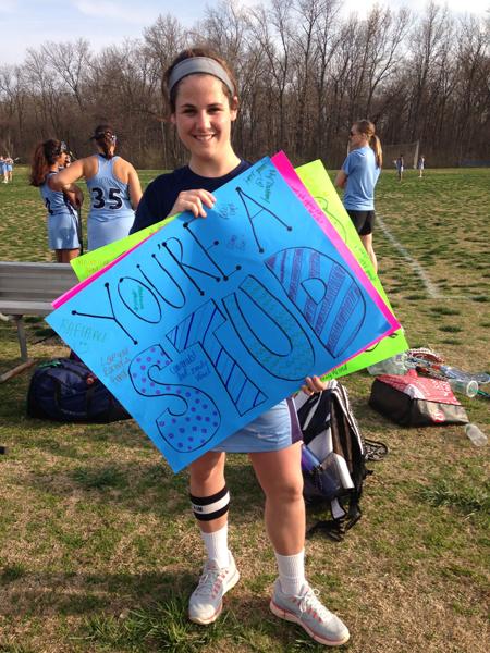 The coaches and junior varsity team made Spewak signs before the game to congratulate her on breaking the state record. Spewak scored eight goals against Wentzville to gain the total of 256 career goals scored, breaking the previous state record. 