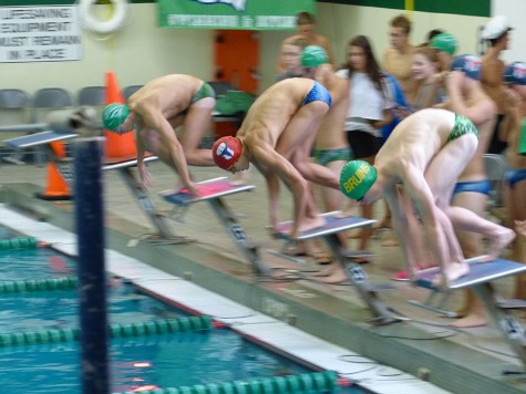 Junior Luke Christensen begins the 500 meter race at the Lafayette vs Parkway West meet on Sept. 3. Christensen has been swimming for 11 years.  “I was excited but not shocked when he qualified.  I expect Luke to get a few more state cuts and to continue to improve his time before the state meet, coach Allison Zeller said.  