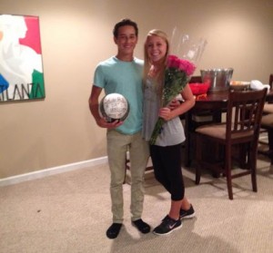 While hanging out at a friend's house, Freshman Matthew Dixon asks Sophie Vietor, also a freshman, to Homecoming with a soccer ball and the phrase, "Will you score a date to Homecoming with me?"