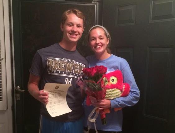 Along with his rewritten acceptance letter to Hogwarts, Sophomore Nick Wotruba completes the package with a stuffed owl as he asks Grace Folkins, sophomore, to Homecoming.
