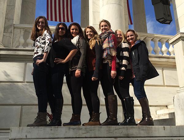 After watching the Changing of the Guard,the publications staff, sophomore Ritoma Ganguly, juniors Sarah O’Beirne, Bailey Rathert, Molly Sewester, Katie Hornsby, Megan Barton and senior Kappy Pille, stand before the Arlington Memorial Amphitheater.