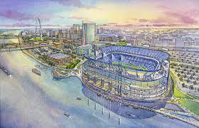 This is a sketch of the potential new riverfront stadium set for the Rams. If the plans go through, it will begin construction in 2016. 
