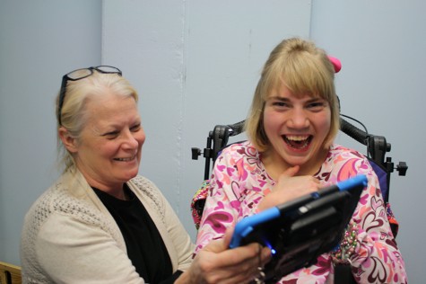 Freshman Kathryn Kerchoff laughs with her Assistant Peggy Tyree over a favorite joke.