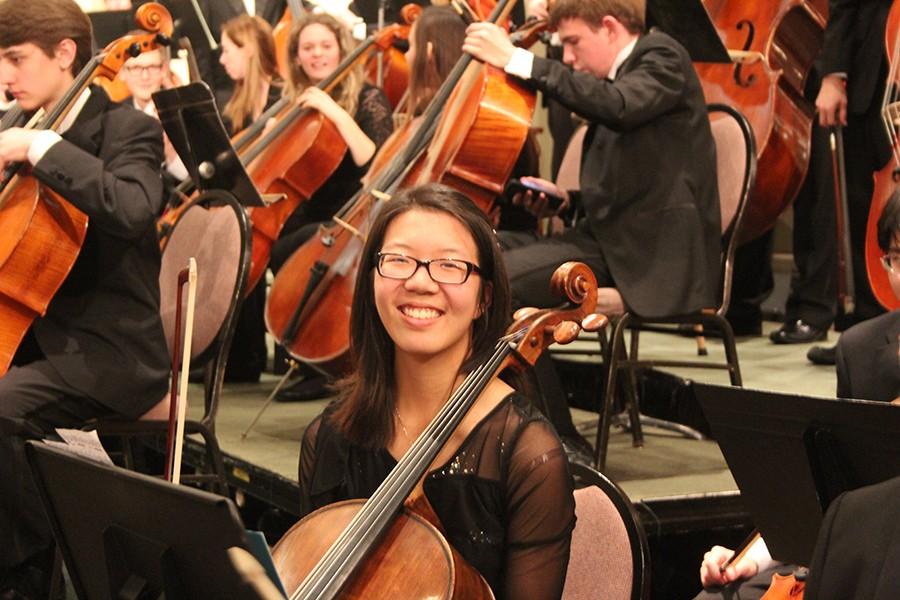 Junior Rebecca Su sits with the All-State Orchestra ensemble prior to their performance at the Missouri Music Educators Association Conference.