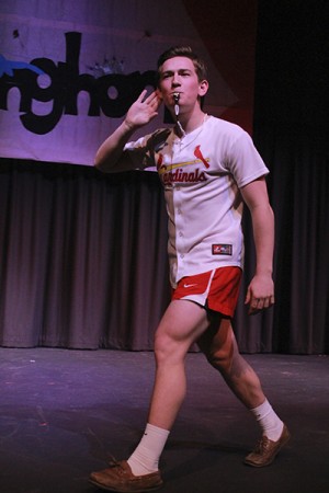 During the future occupations portion of the show, senior Kyle Berstein throws out t-shirts as he role plays a Cardinals t-shirt girl.
