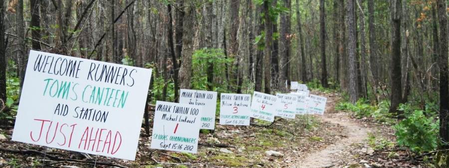 Signs line the side of the trail at the Mark Twain 100 miler, a race Weber recently participated in. Finishing with almost thirty other runners, Weber started the race on September 13 and ran for more than 30 hours.