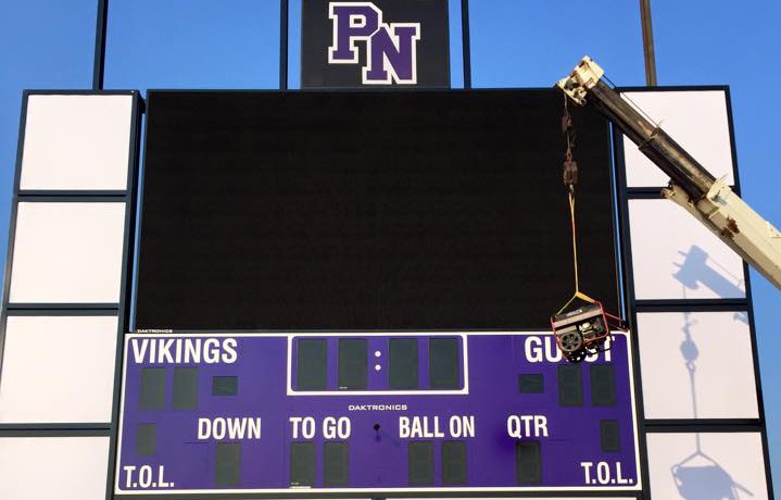 Finishing touches are being added to the Parkway North scoreboard before it debuts Friday, Sept. 11.