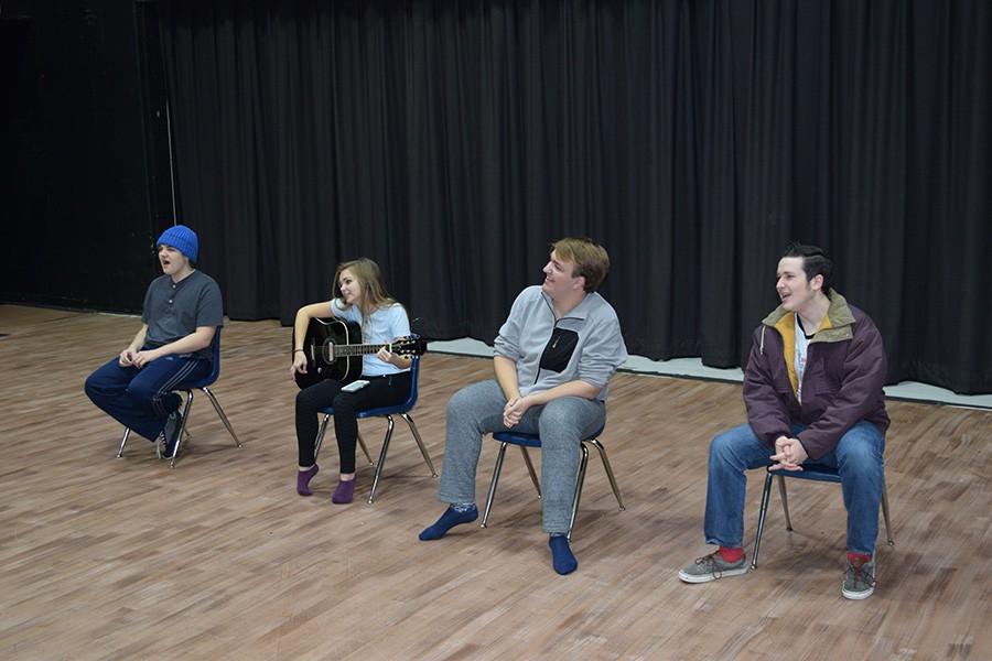 Studies of Music Theatre students junior Jake Barton, seniors Sidney Baker, Tristan Johnson and Tanner Caldwell rehearse their song for the Performance Showcase. 