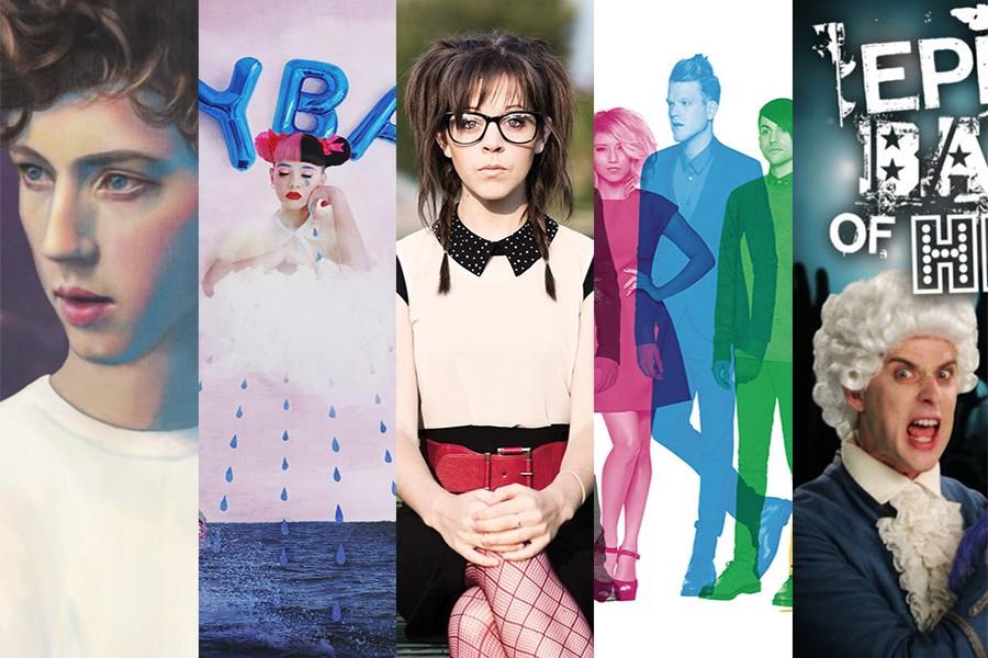 Artists album covers from left to right; Sivans Blue Neighborhood, Martinezs Crybaby, Stirlings Lindsey Stirling, Pentatonixs Pentatonix, and ERBs Mozart vs Skrillex. 