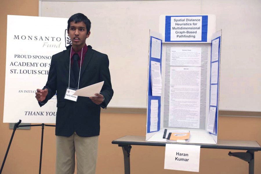 Kumar presents his research to the board during the judging panel. The young computer programmer had to face two rounds of rigorous judging before being awarded second place. I was surprised that I won. First they announced all of the finalists and when they skipped my name my mom started crying and somebody next to her said not to worry because I probably won something higher, but she was crying because she was happy, Kumar said.