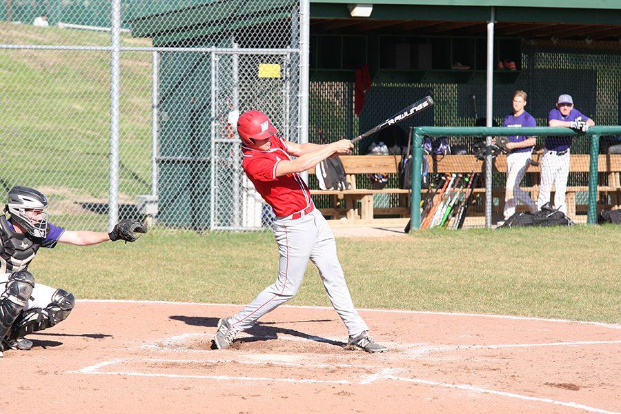 Senior Grant Brueggenjohann hits a double against conference opponent Parkway North on March 28. 