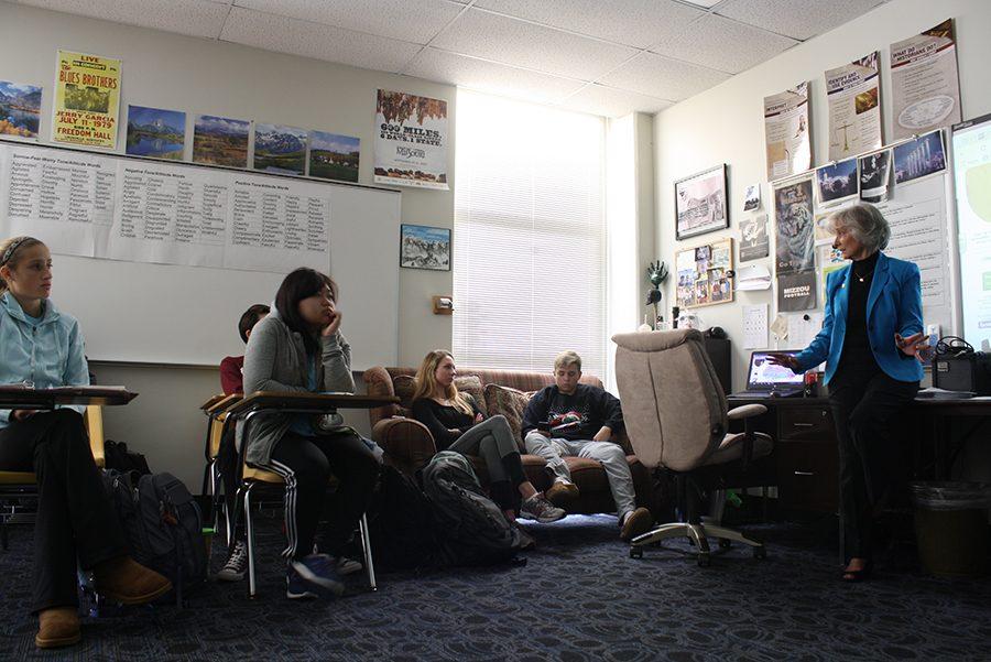 Sue Meredith, representative for the 71st district, talks to students in Mel Trotier's third hour AP Government class.