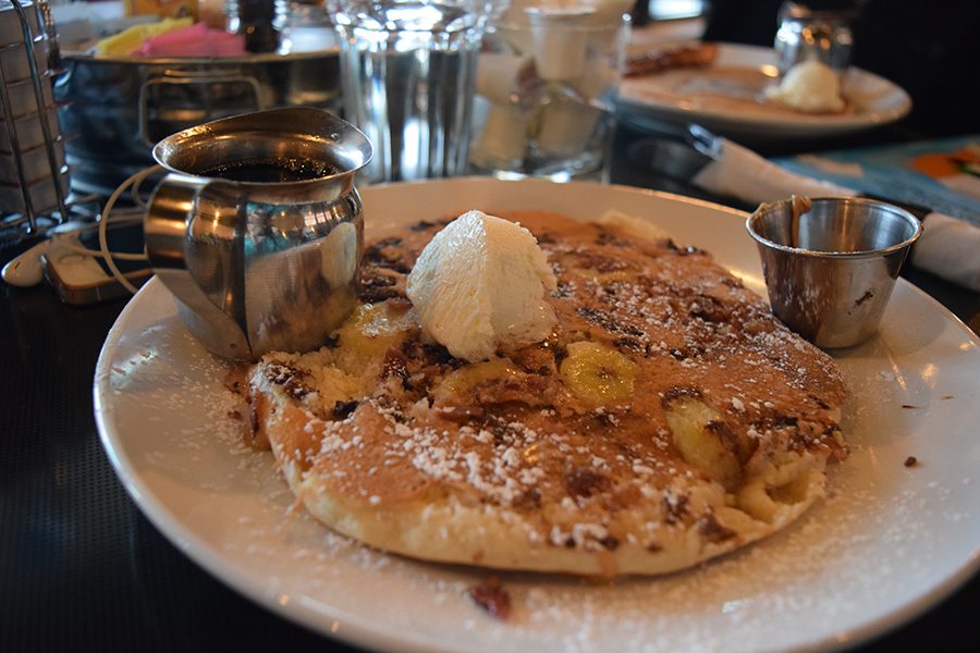 The King Lives pancake includes bananas, bacon, peanut butter, and chocolate chips.