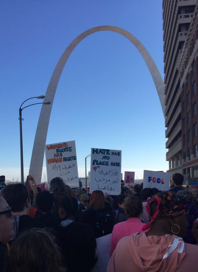 Marching towards the Arch, people from all over St. Louis participate in the Womens March to advocate for womens rights.