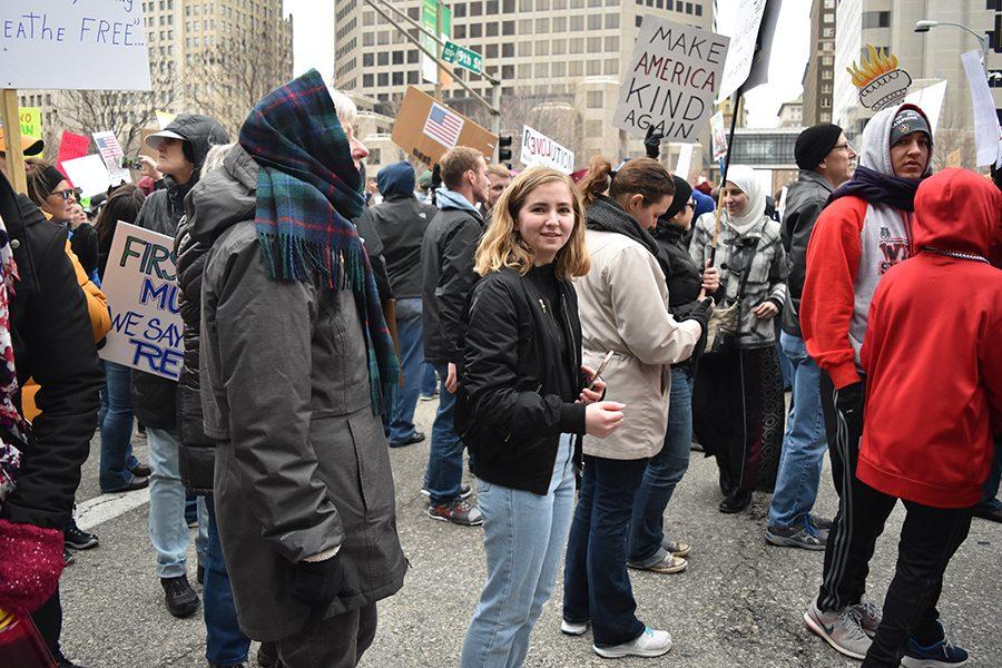 Taking+action+against+injustice%2C+Sabrina+Bohn+participated+in+her+first+protest+ever+on+Feb.+4.+The+demonstration+protested+President+Trumps+immigration+policy.