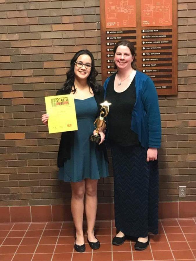 Emily Bauer with Poetry out Loud sponsor Andria Benmuvhar at the St. Louis Poetry Out Loud competition.