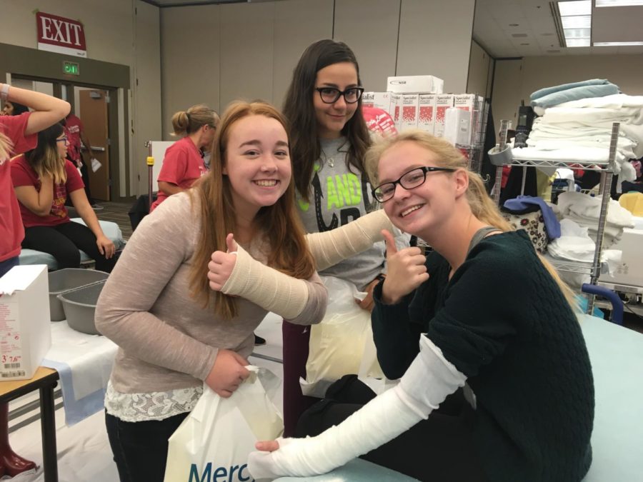 Sporting freshly wrapped casts, sophomores Libby Nickel and Alicia Osiek visit the Urgent Care booth at the Careers Day Field trip. This booth gave students temporary casts as they taught them about their day to day jobs. “This trip broadened my horizons to see how many other types of medical careers you can have,” Osiek said. “It was an amazing experience. You will never know what you’re interested in unless you try.”