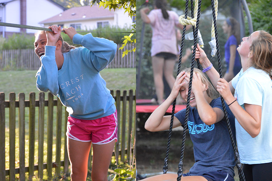 At junior Sutton Olivers team dinner, freshman Emma Smout laughs while walking the slackline (left). Freshmen Leah Selm and Anna Butler take a break after playing on a tire swing (right). Selm was the only freshman to compete on varsity in the pre-championship season.