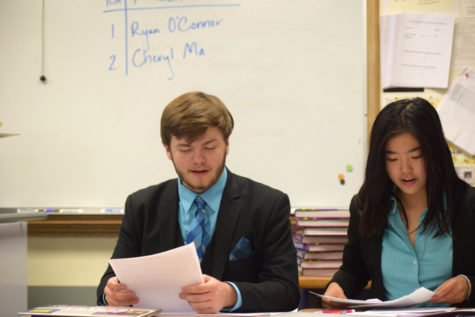 Preparing for a round with his debate partner Cheryl Ma, senior Ryan O’Connor studies information he has researched. Being partners for only one year, they placed first in districts and went to Nationals in the 2016-2017 school year. “Cheryl is the love of my life. She has made it bearable. Working with her has helped me re-find my passion,” O’Connor said. 