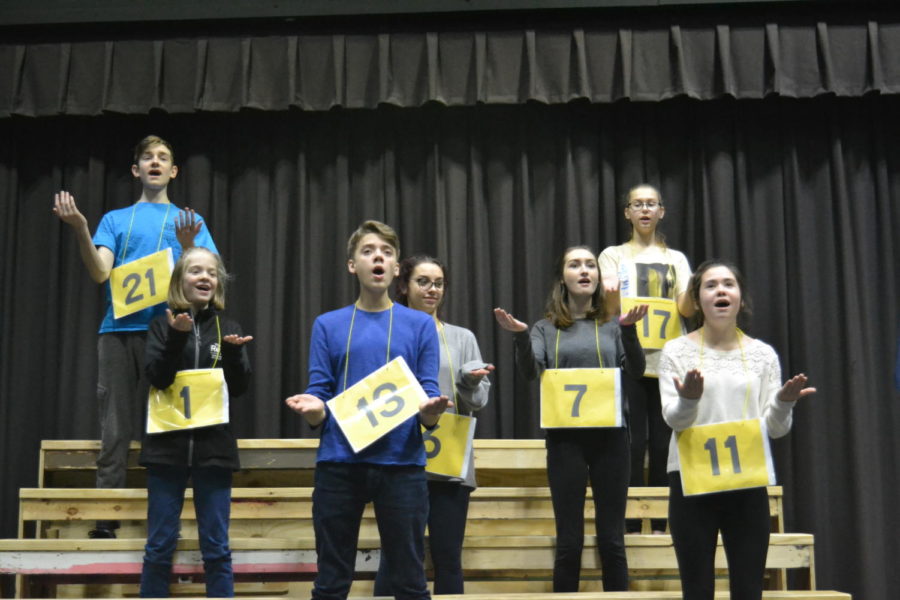 Honing in on the show’s coreographical precision, actors and dance captains rehearse a musical number from The 25th Annual Putnam County Spelling Bee. Slated for a debut on Feb. 9, the production’s opening night will take place exactly three months after the third and final day of auditions. “The hardest part about being in a musical for me is learning to think about character, singing, dancing and memorization all at the same time,” freshman Arden Dickson said. “When you’re running a number and focusing on getting the steps correct, you might accidentally step out of character or miss a beat of singing. That balance is something our directors, choreographers and stage managers motivate us to achieve.”