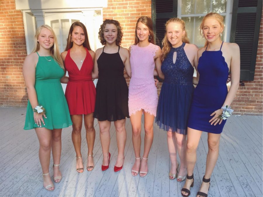 Smiling for the camera, sophomores Emily Weaver, Charlotte Zera, Olivia Meara, Emily Lofgren, Kristen Boyd and Susie Seidel pose for homecoming pictures. Five of the six girls purchased dresses online for the event. "I like buying dresses online because there is a better selection and it is easier than going to the store and trying on millions," Zera said.