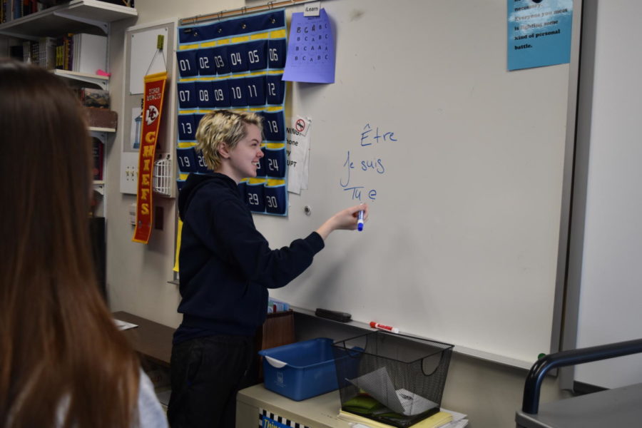 Practicing her french at school, sophomore Gabe Davis introduces her favorite language to a child. Davis advised children at the Jewish Community Center every Thursday after school and thought of increasing it to two times a week. “It doesn’t feel like work,” Davis said. “It’s actually fun interacting with people that haven’t lost their passion for learning yet.”