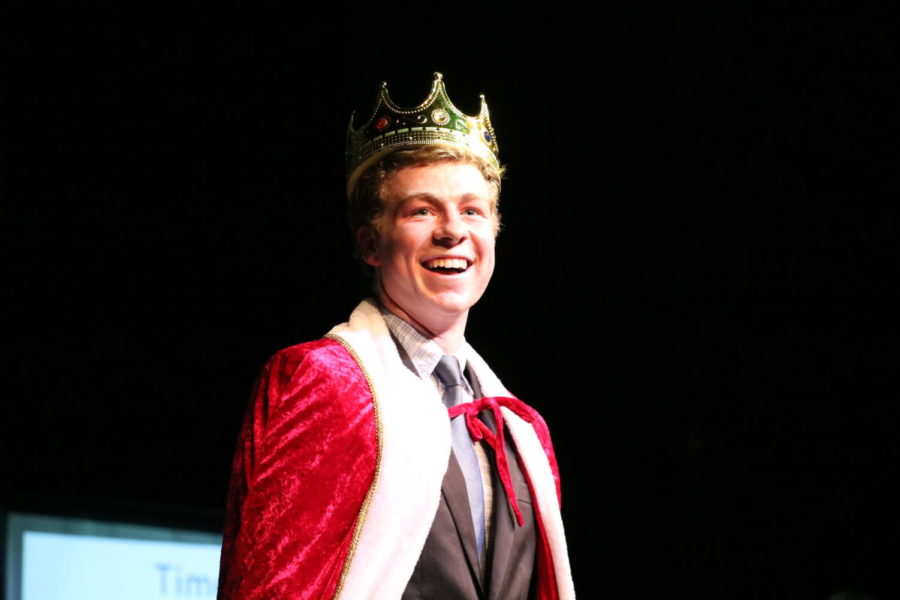 Senior Lance Griffith grins at the packed auditorium after being crowned ‘Mr. Longhorn.’ For the ‘talent’ portion of the show, Griffith partnered with senior Chris Bass and reenacted the iconic lift scene from Dirty Dancing. “It was extremely exciting and rewarding to see my hard work preparing for the event pay off, I wanted my performance to be really good and Im happy people liked it,” Griffith said. “Chris and I spent a lot of time working on the dance and had an amazing time performing it. All the moves went right and the crowd got really into it, it was quite a unique experience.”