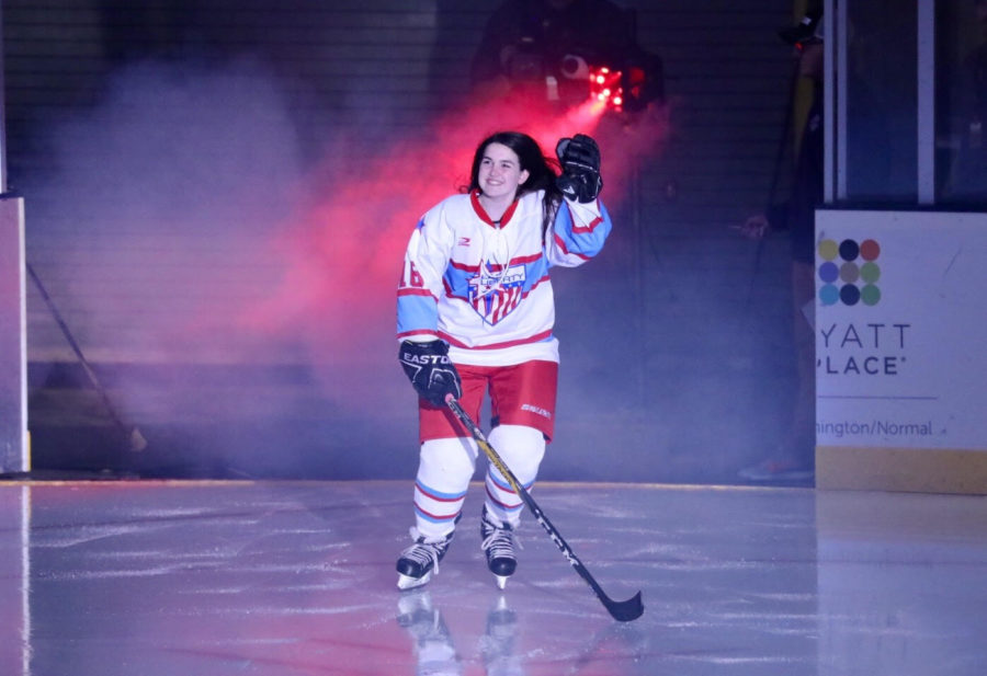 Making a dramatic entrance onto the ice, Brawley skates in to the championship game. The Lady Liberties, Brawley’s club team, won first place in the Championship Game on March 4. 
“They called the starters to the game to skate to the blue line and do the national anthem. I got to skate through smoke, and it was really epic,” Brawley said. “I scored the first goal of the championship game, which was really cool.”