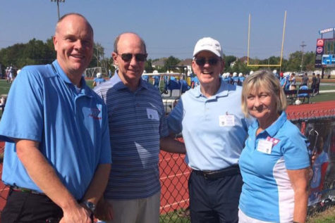 Bill Byrd (center left) stands with current principal Jeremy Mitchell, and former principals Dave McMillan and Beth Plunkett at West’s 50th anniversary football game and celebration. Byrd had continued to stay connected to the West community even after leaving his post as principal in 1987 through his three children’s enrollment and attendance to football and basketball games. “We currently have a granddaughter [sophomore Susie Seidel] at West and enjoy attending her activities and listening to her West stories.  I feel very honored and fortunate to have been a part of West High for the past 50 years,” Byrd said. 