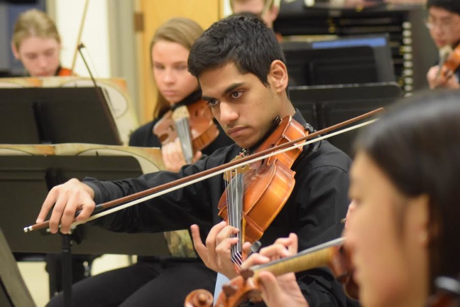 Senior Yash Nayak practices for the group performance at the large group festival. West received an honor rating I, which is the highest score available out of 10. “We were all working really hard to get the best score we could,” Nayak said. “The hardest part was our first piece because we didn’t know what to expect and had to adapt to what the judges were looking for.”