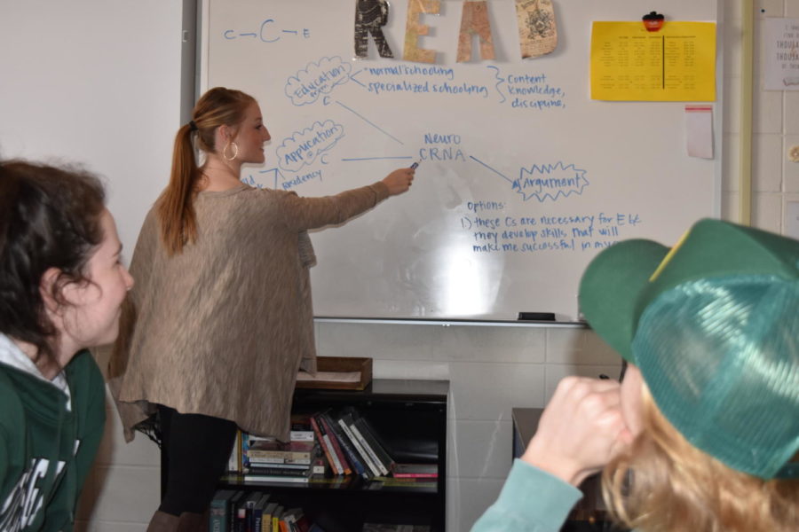 English teacher Taylor Rose teaches her students during her fourth hour English IV class.