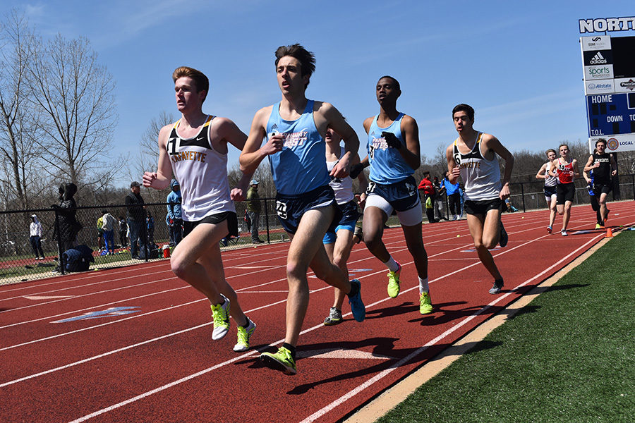 Pulling ahead of the crowd, senior Matyas Csiki-Fejer competes in the 1,500 meter race at the 5th Annual Northwest Invitational Track Meet. Senior Cerow Aligab came in third at 4:19.07, and Csiki-Fejer placed fourth at 4:19.83. “I’d like it if we qualified for state in the 4x8, and individually, in the 800 [meters] and the mile. I’m working towards these goals by just going to practice everyday,” Csiki-Fejer said. “Give it your all. Focus on the hard workouts. Nothing else matters when you’re racing.” 