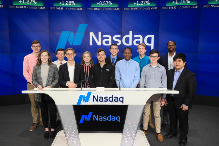 Vivid+ students take group picture at Nasdaq while visiting New York. Not only did they go to Nasdaq, but they also visited Facebook to get experience in the real world. “We learned so much by talking to mentors about moving on into college and how to diversify yourself and make yourself stand out when your getting a job or an internship,” junior Cameron Sato said.