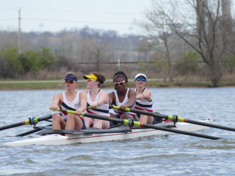 Seated in the varsity top four, seniors Drew Harris and Katy Ward race down the lake with seniors Jeri Rhodes and Miranda Horn. Their boat came in first place in their race. “I can’t imagine not seeing these girls every single day. No matter what kind of day I’m having, the second I walk into the boathouse my mood completely changes,” Harris said. “My team is a second family and being without them is definitely going to be one of the hardest adjustments I have to make.”
