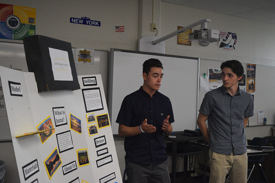 Juniors Michael Dolan and Nolan Cosgrove pitch their idea to the sharks. For Dolan and Cosgrove, the key to success was just to stay relaxed. “We were just having fun, I was just trying to be calm and give the sharks a good pitch,” Cosgrove said.