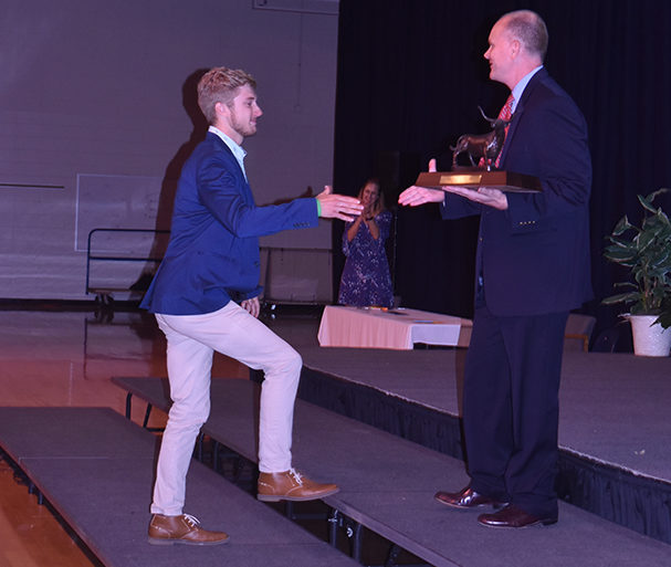 Accepting the 2018 Founders Award from Principal Jeremy Mitchell, senior Daniel Loaney reflects on his experiences at West. The Founders Award is given to the student who best exemplifies what West students stand for: good character, academics, school spirit and is the highest school honor. “I was overwhelmed, it was a surreal moment to look out and see four years of my life had gone by. I’ve loved this place, and being here, Loaney said. It really meant a lot to me to see how I have impacted the school. I wanted to make the most of my time here at West so to be recognized was surreal and overwhelming.”