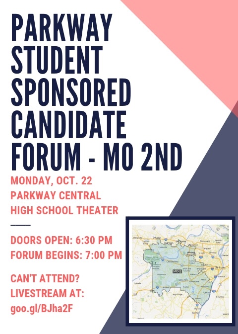 A flyer advertises the Student-Sponsored Candidate Forum for Missouris 2nd Congressional District. 