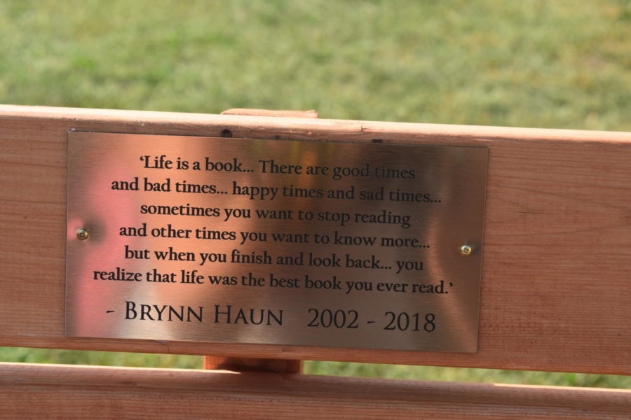A quote attributed to Brynn Haun is etched into the bench designed by junior Matthew Hopper.